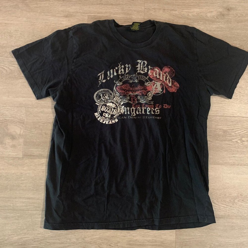 Lucky Brand T Shirt Men XL Black Short Sleeve Logo Cotton Crewneck